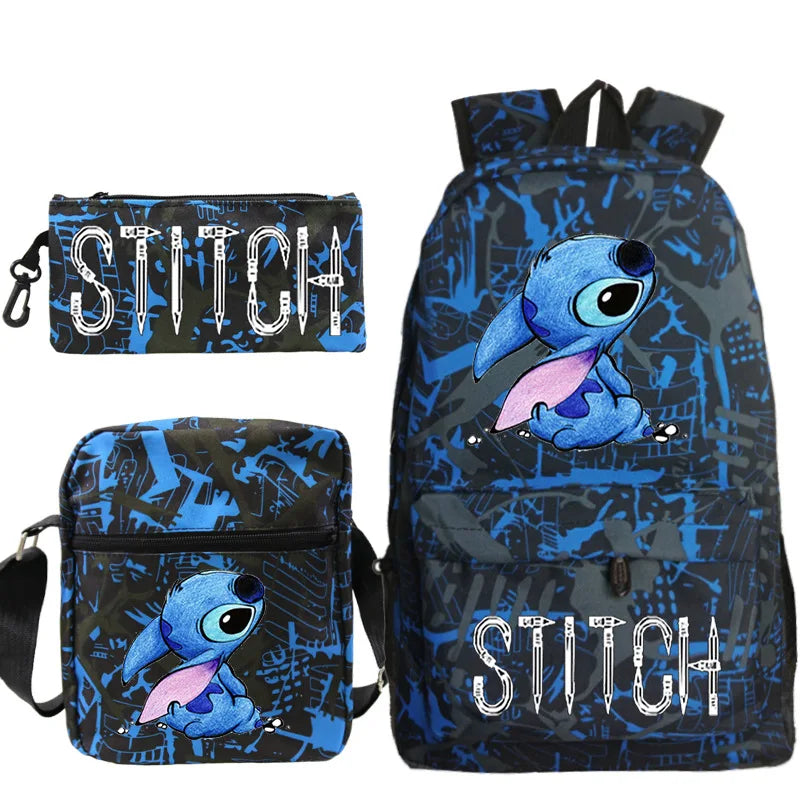 Disney Stitch Print Kids Backpack 3pcs/Set Cartoon Kindergarten Pencil Case Boy Girl Shoulder Bag Children Schoolbag Gift