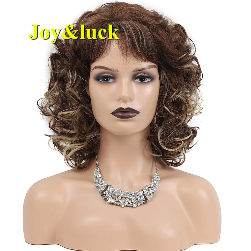 Joy&luck Short Curly Wig Synthetic Hair Wigs Gold Mix Blonde Color Women's Full Wig with Bangs Natural Daily Hair Style