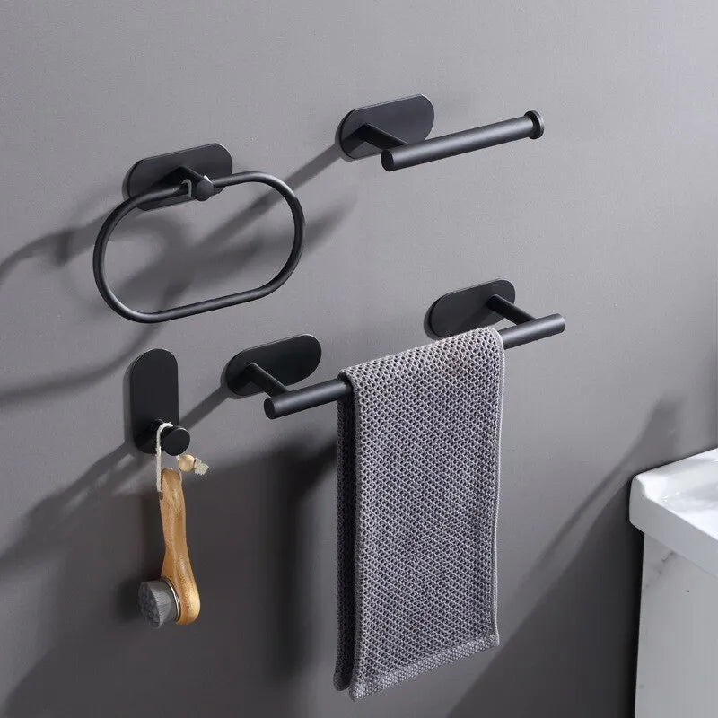 NEW-No Drilling Stainless Steel Bathroom Accessories Set Black Bathroom Self Adhesive Toilet Paper Holder Clothes Hook Towel Bar