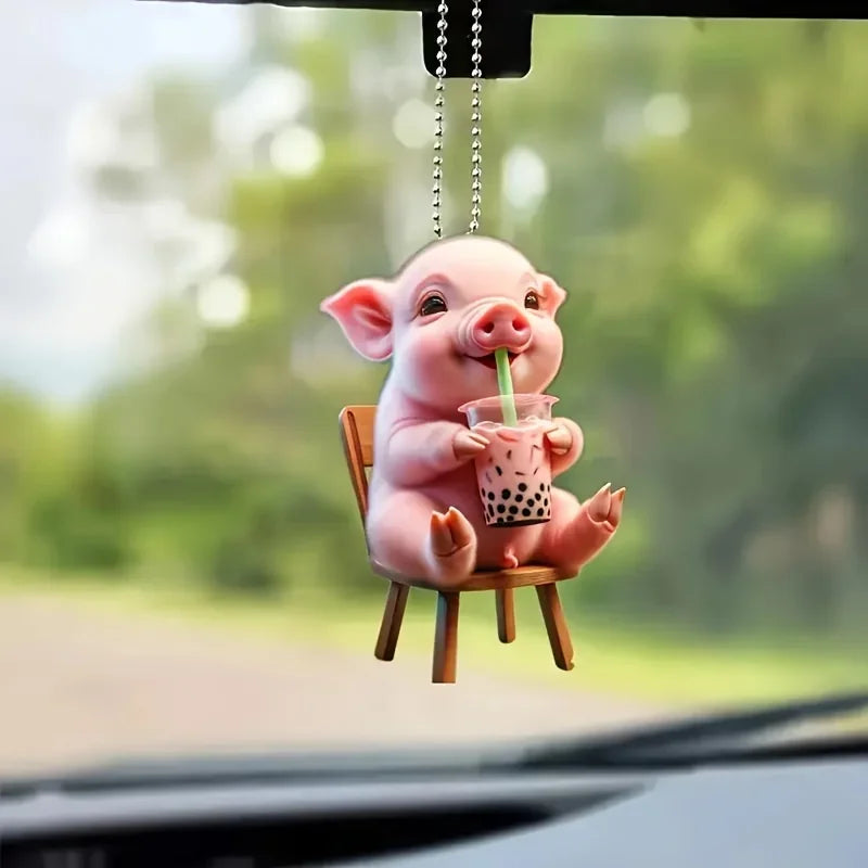 Acrylic Happy Milk Tea Drinking, Decorative Pig Rearview Mirror Pendant, Backpack Keychain Decorative Pendant