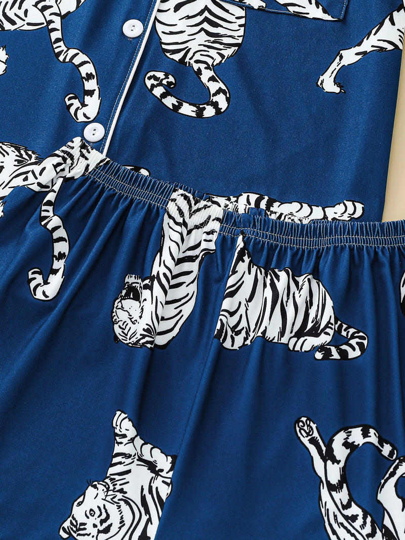 Tiger print pajama set button-down cardigan lapel short elastic waistband shorts women's loungewear