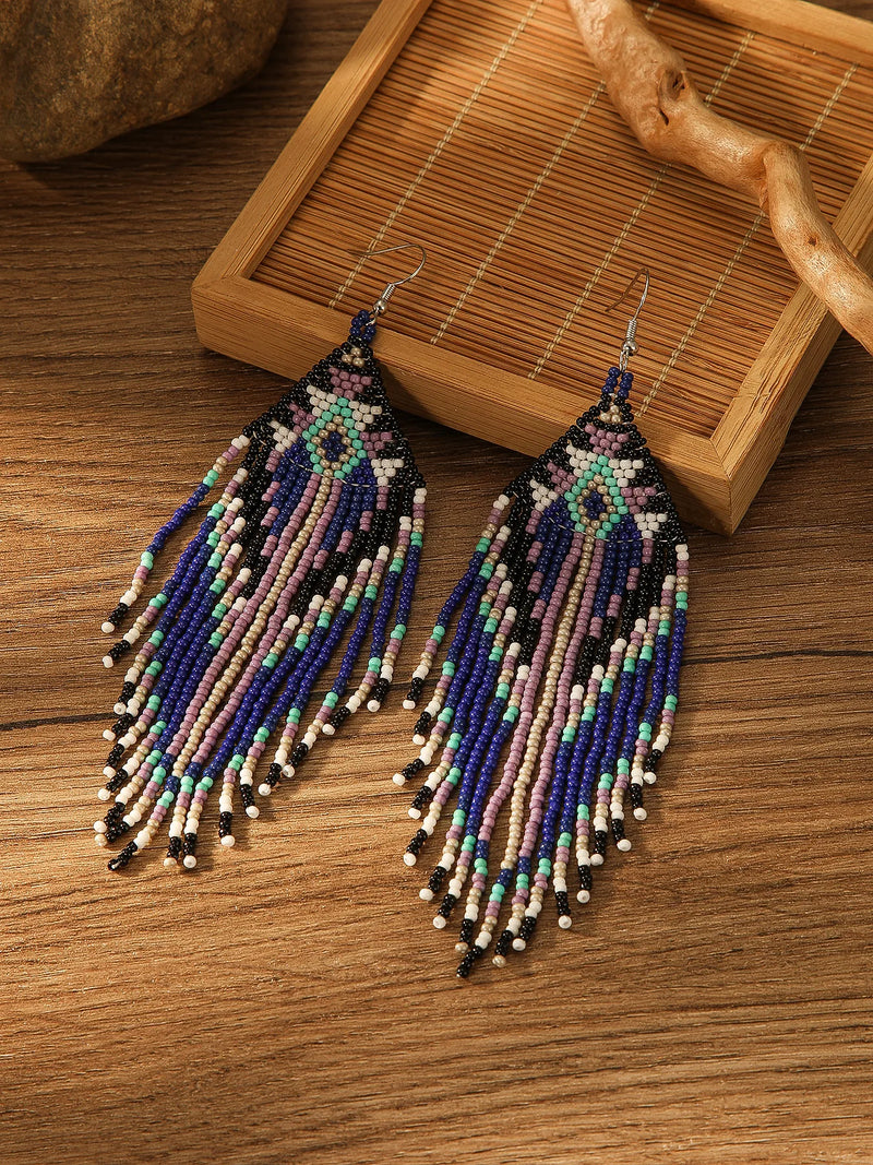 1 pair of Bohemian handmade woven beaded holiday gifts, long tassel women's earrings for daily wear