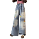 Mädchen Jeans Frühling Herbst Cartoon Weite Beine Jeans für Teenager Kinder Schwere Stickerei Stern Loose Straight Leg Hose für Kinder