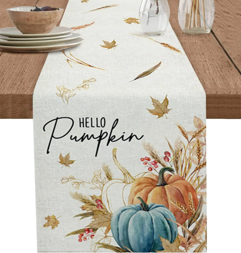 Fall Pumpkin Maple Leaf Wheat Linen Table Runner Party Decor Autumn Harvest Kitchen Dining Table Runner Thanksgiving Decorations