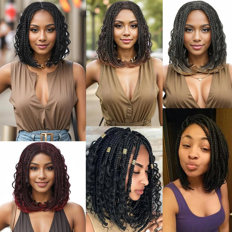 12 Inch Box Knotless Bob Braided Wigs For Black Women Ombre Blonde Braided Bob Wig With Boho Curly Wigs Synthetic Short Bob Wigs