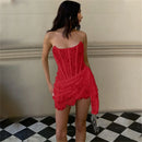 Women Strapless Bandage Backless Floral Lace Corset Tube Dress Sleeveless Off Shoulder Ruched Mesh Bodycon Mini Dress