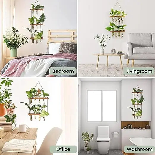 Wall Hanging Test Tube, Glass Planter Plant Vase with Wooden Stand & Strings Rope, Glass Planter Plant Terrarium  (2 layer)