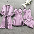 4 Piece Set Women's Pink Satin And Lace Trimmed Pajama Set Home Sleepwear V-Neck Tank Top Pajamas Sleepwear Set Lace Nightgown