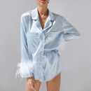 Damen-Pyjama, 2-teilig, Patchwork, Federbündchen, einfarbig, langärmeliges Revers-Knopfhemd mit kurzen Hosen, lockere Loungewear-Outfits