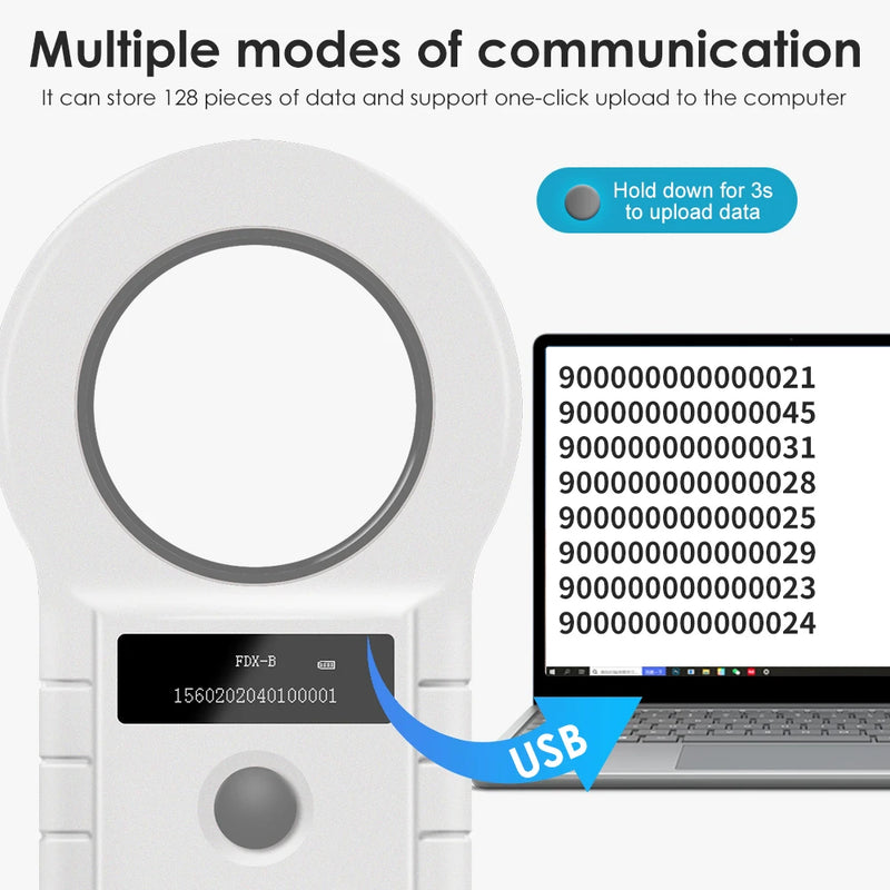 Portable pet ID reader for dogs, cats, and pigs with 134.2KHz/125KHz RFID, EMID/FDX-B, ISO11784/85 support, and 128 data storage