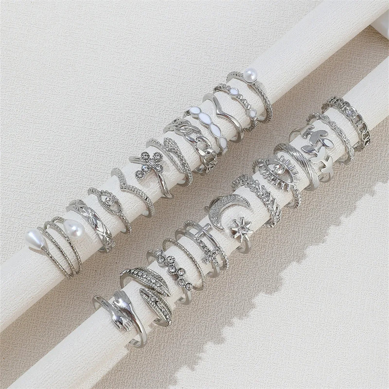 Silver Color Geometric Knuckle Rings Set For Women Eye Cross Sun And Moon Leaf Charm Finger Ring Female Boho Party Jewelry