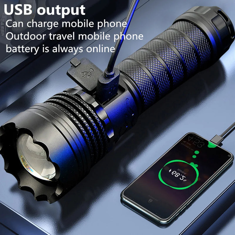 High Power Strong Light Long Range LED Flashlight USB Charging 26800 Lithium Battery Outdoor Telescopic Zoom Long-range Torch