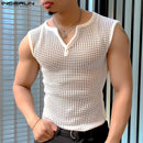 2024 Herren Tanktops Mesh Hollow Out Solid V-Ausschnitt Ärmellos Sommer Herren Westen Streetwear Transparent Fashion Herren Kleidung INCERUN