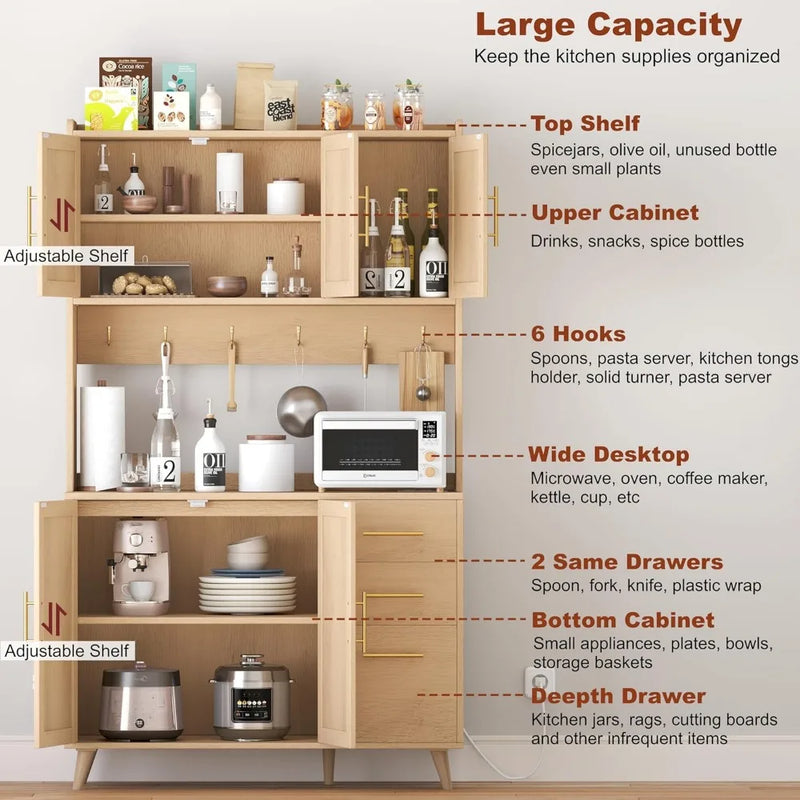 Kitchen Pantry Cabinet with Microwave Shelf, Rattan Kitchen Hutch Cabinet with Charging Station