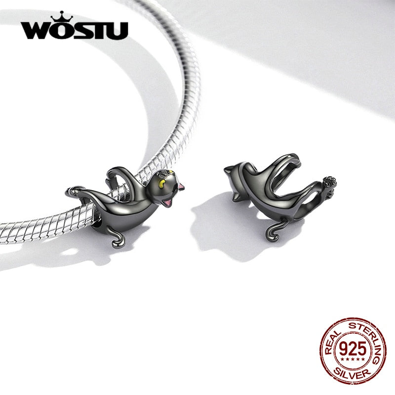 WOSTU 2021 925 Sterling Silver Cute Black Cat Suspend Animals Charm Beads Fit Original Bracelet DIY Jewelry CTC520