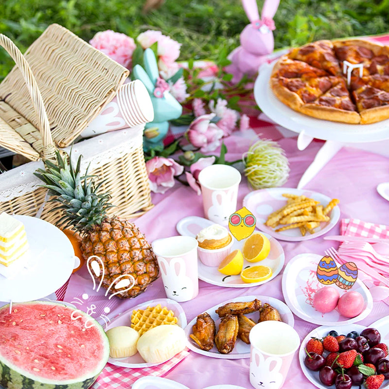 8pcs Easter Bunny Egg Paper Plates Rabbit Ear Shape Cups Happy Easter Party Tableware Birthday Party Baby Shower Decor Supplies