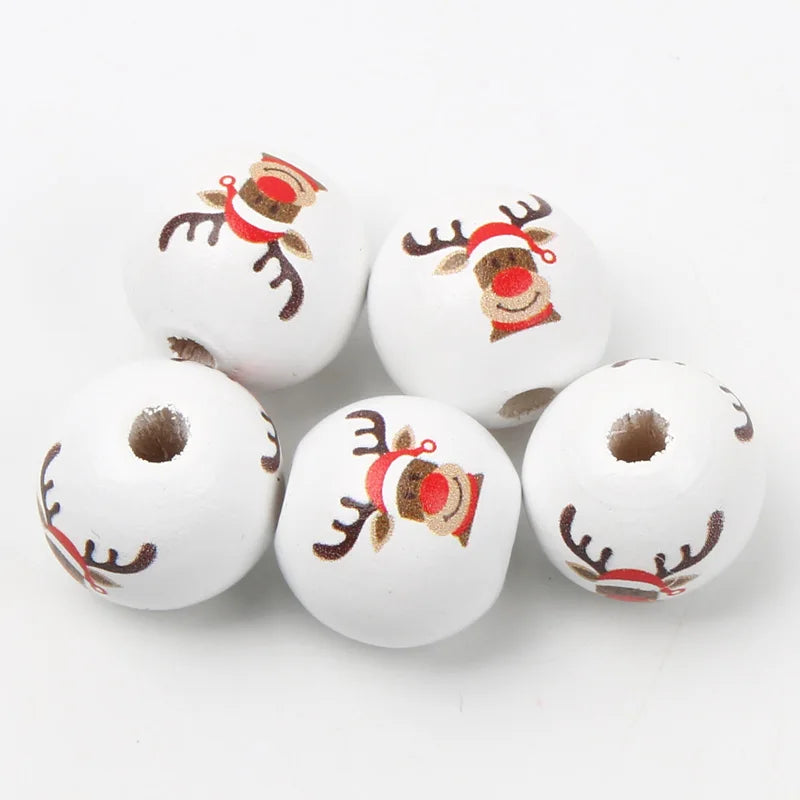 10pcs 16mm Round Christmas Wooden Beads Cartoon Wood Spacer Beads For Jewelry Making Diy Christmas Party Decor Handicrafts