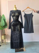 CM.YAYA 2025 Fall Women Long Sleeve Stacked Mesh See Though with Lining Bodycon Long Dress Evening Birthday Sexy Party Dresses