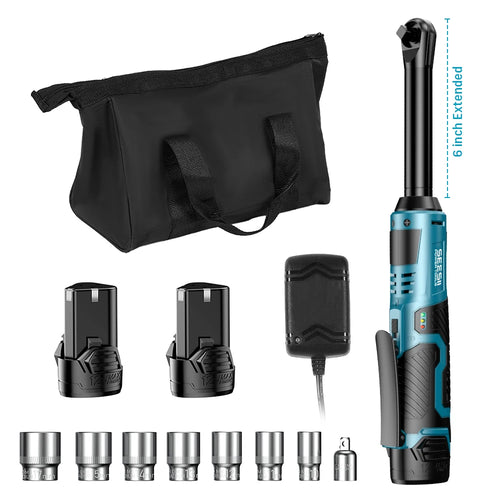 SEESII 3/8"Cordless Electric Wrench 55Nm 6" Extended Ratchet Wrench 12V Rechargeable Angle Wrench Car Repair Tools w/2 Batteries