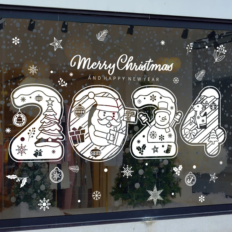2024 Merry Christmas Window Stickers Santa Claus Snowflake Elk Xmas Tree Sticker Christmas Decorations for Home Happy New Year