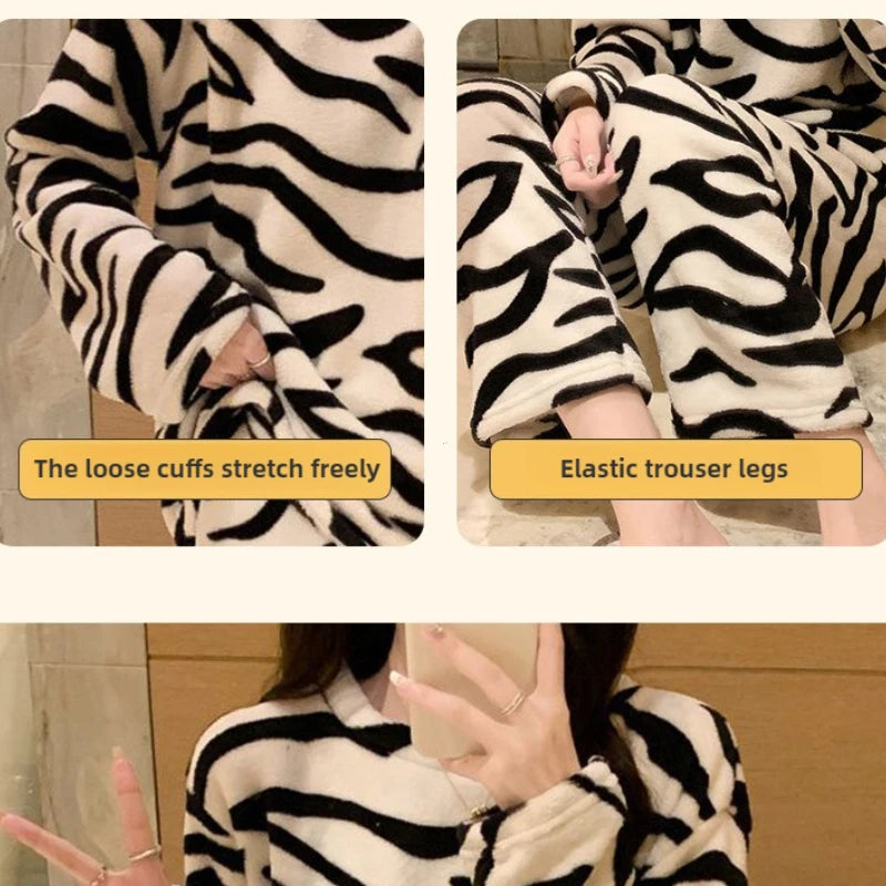 Zebra Striped Coral Velvet Pajamas Homewear Suit Women's Fall and Winter New Home Suit Padded and Thickened Warm Clothes