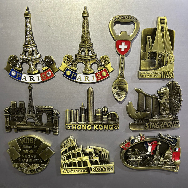 3D Metal Fridge Magnets France Paris USA Singapore Italy Switzerland Hong Kong Scenic Tourism Souvenir