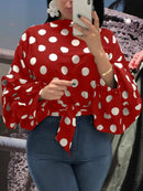 Damen-Blusen mit Polka Dots, schwarze Schärpen, lange Puffärmel, weiß, rot, Übergröße XXXL, Damenmode, Freizeit, Frühling, Sommer, Blusen