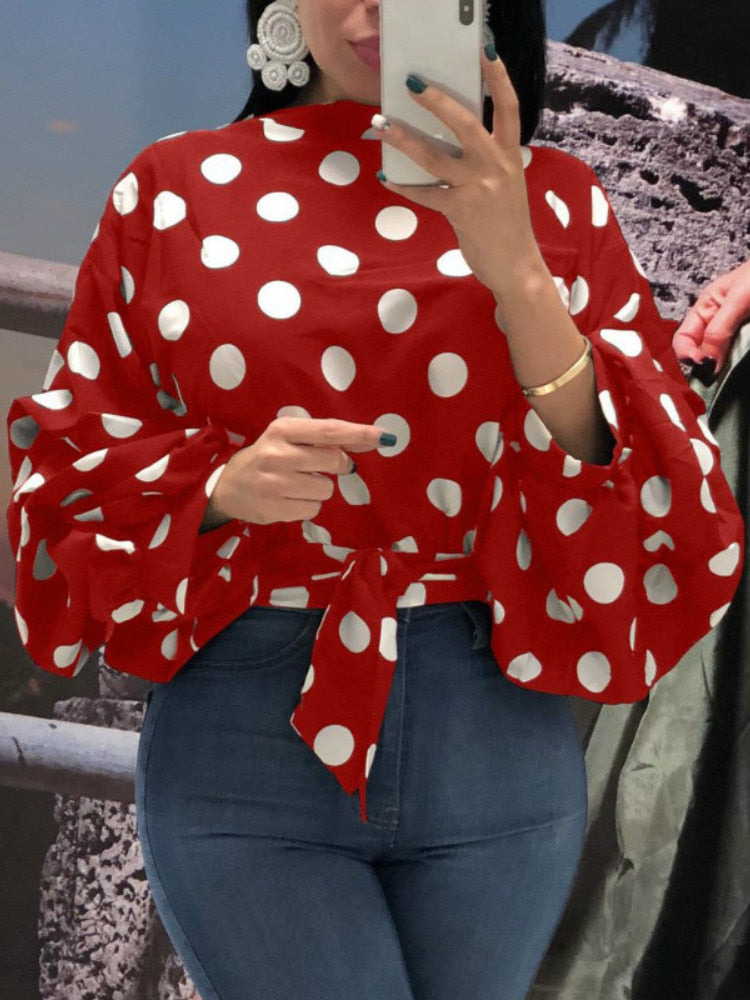 Women Polka Dot Blouses Tops Black Sashes Long Puff Sleeves White Red Big Size XXXL Ladies Fashion Casual Spring Summer Bluas