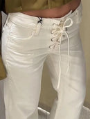 Elegant Women's Low Rise White Denim Jeans With Waist-Tie Design Comfortable Fit Straight Leg Pant Casual Daily Female Trousers