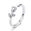 BAMOER 925 Sterling Silver 3D Thorns and Rose Adjustable Finger Rings for Women Plated Black Gold Flower Ring 2 Colors
