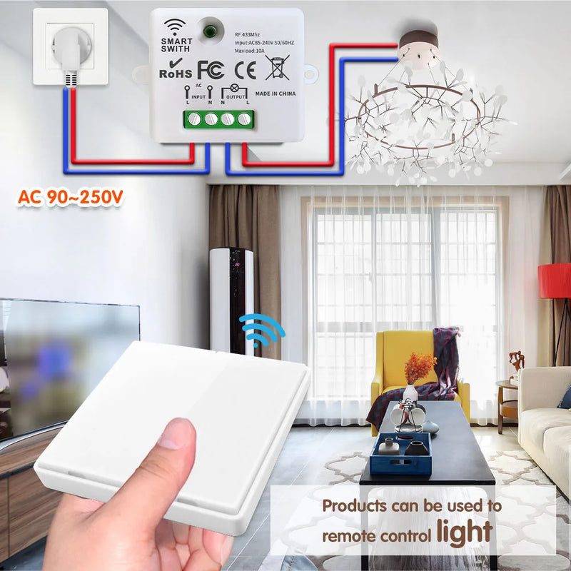 433MHz Wireless Remote Control Switch  AC 110V 220V 10A Relay Receiver and RF Push Button Wall Panel Transmitter for Light Pump