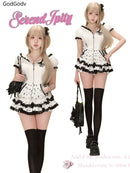 Summer Sweet Preppy Style 2 Piece Sets Women Y2k Kawaii Lolita Design Tops + High Waist Chic Skirt Female Princess Retro Outfits