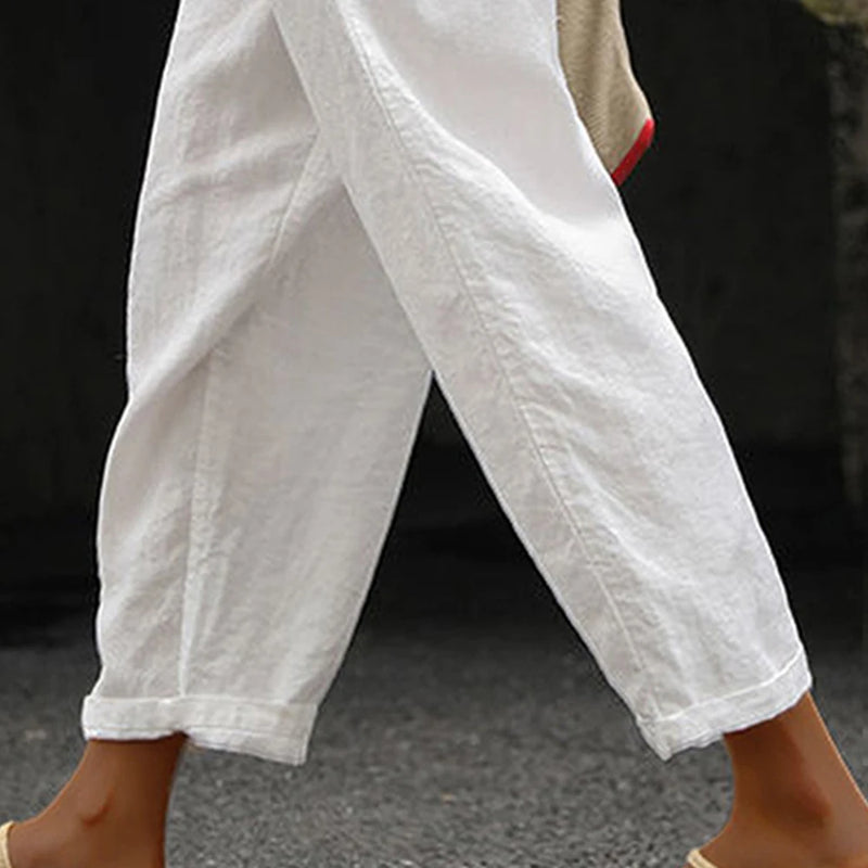 Summer New Casual Thin Trousers Women Cotton Linen Solid Color Pockets Drawstring Pants Ladies Simple Street Elastic Waist Pants