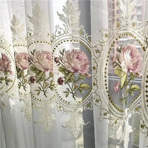 New Arrivals Peony Embroidery Tulle Curtain for Living Room European Elegant Flower Embroidery Sheer Voile Drapes for Bedroom