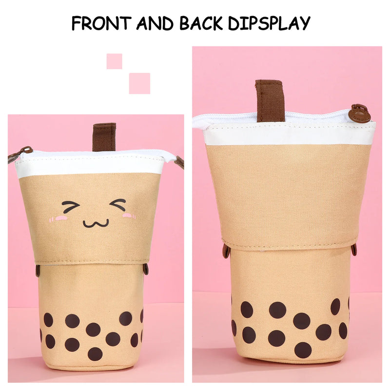 Cute Retractable Pencil Case Multi-function Pen Bag Kawaii Boba Milktea Smile Face Stationery Case Canvas Pen Holder Organizer