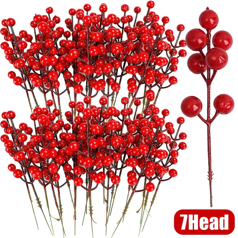 Wholesale Artificial Red Berries Stem Christmas Red Holly Berry Stamen Fake Flowers Plants Ornaments New Year Party Home Decor