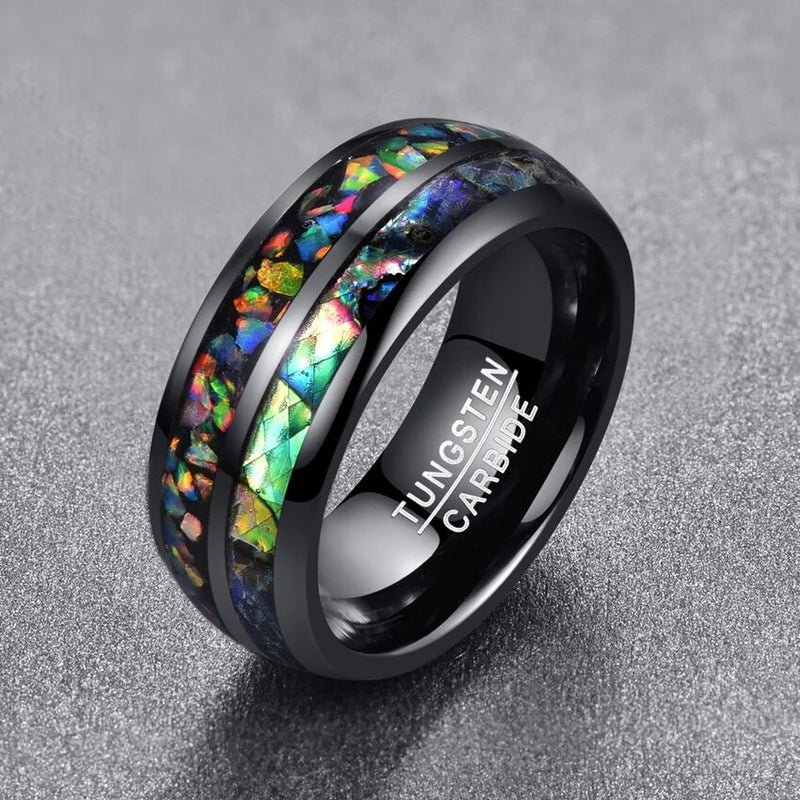 Nuncad New Fashion Hot Men Rings Electroplated Black Inlaid Shells Opal Dome Tungsten Steel Ring Size 7/8/9/10/11/12 T090R