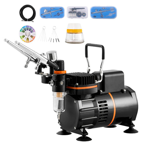 SucceBuy Airbrush Kit, Dual Fan Air Compressor Professional Airbrushing System Kit Airbrushes Mixing Wheel Cleaning Brush Set