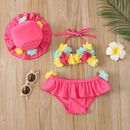 3Pcs Girls Bikini Sets Baby Swimwear Halter Flower Bra + Ruffle Skirt + Sun Caps Toddler Bathing Suit Infant Beachwear 0-24M