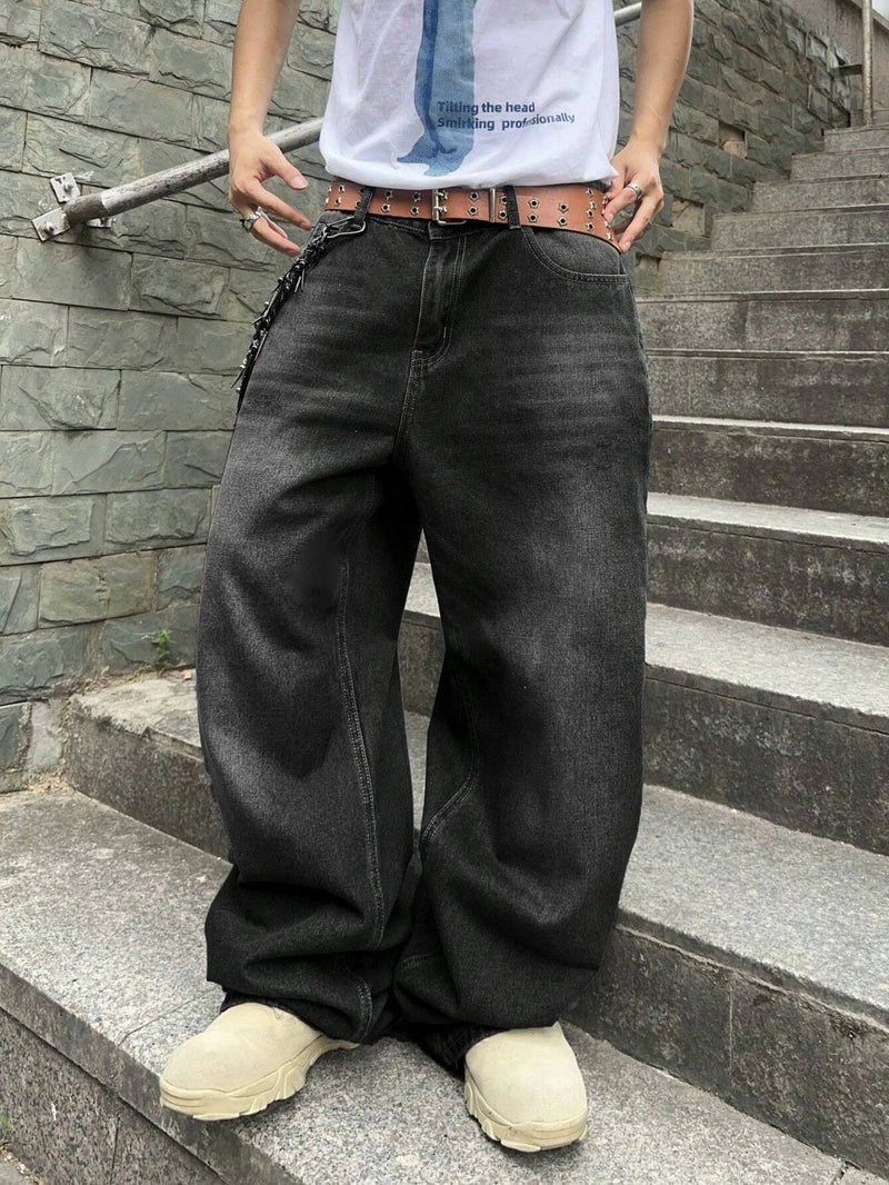 1Pc Men's Daily Travel Casual American Street Loose Jeans, Black, Light Blue, Sea Blue Fashion Street Style Retro Lantern Jeans Jeans Denim Pants