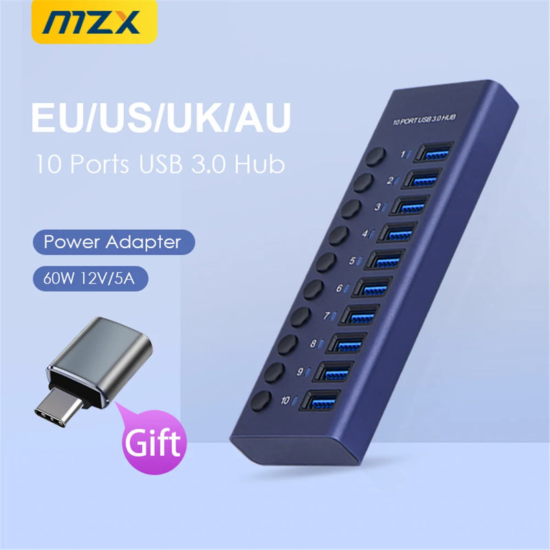 MZX USB A 3.0 Hub Aluminum Multi Ports Splitter Concentrator Quick PD Charger Power Adapter C Multiple Expander Hubs With Switch