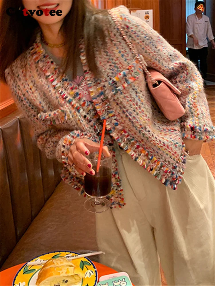 Cotvotee Rainbow Wool Coat Women 2024 Spring Summer New Fashion Long Sleeve Jackets Vintage V Neck Open Stitch Casual Chic Coats