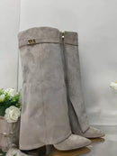 Ladies' Autumn and Winter New Pointed Knee High Women's Boots, Thick High-heeled Long Pants Boots, Fashionable Mid Rise Boots