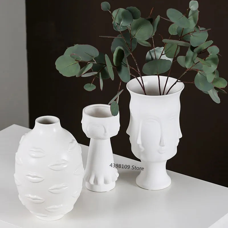 Scandinavian White Ceramic Vase Decoration Home Decoration Crafts Modern Interior Decoration Countertop Vase Art Face Shape Vase