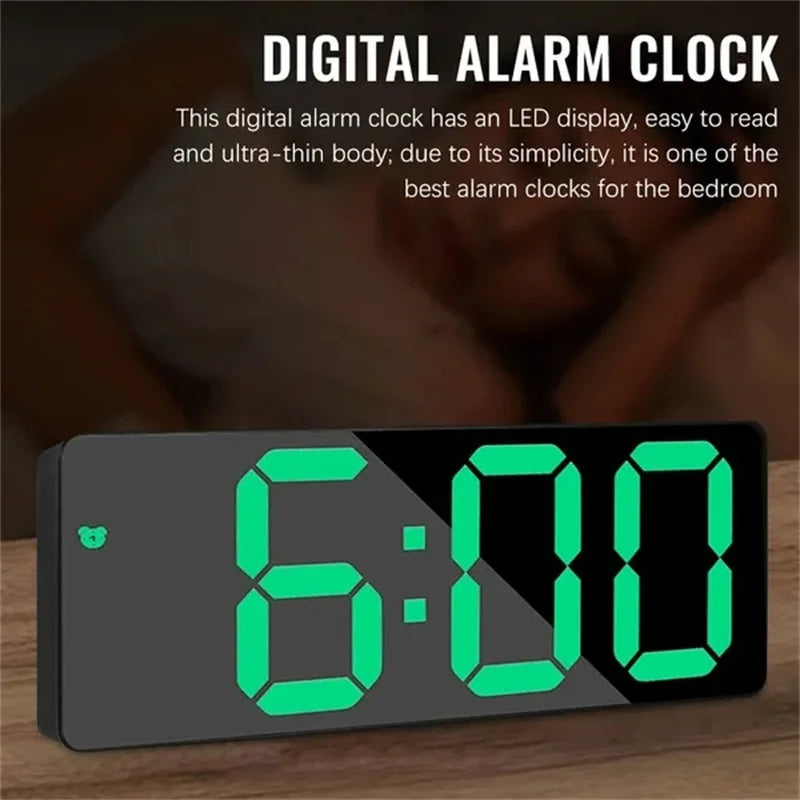 LED Mirror Digital Alarm Clock Voice Control Table Clock Snooze Function 3 Brightness Adjustable 12/24H Electronic LED Clocks