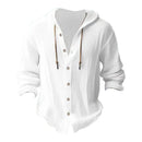 Men's solid color casual shirt, hooded drawstring cotton and linen cardigan, trendy and versatile loose beach T-shirt