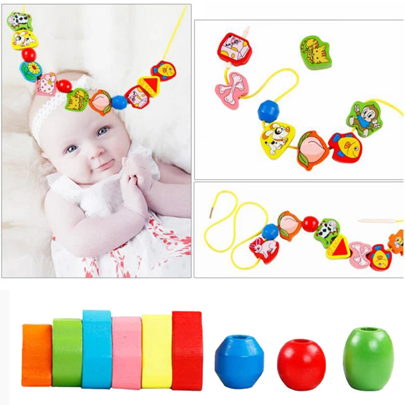 9/36pcs Wooden Toys Baby DIY Toy Cartoon Fruit Animal Stringing Threading Wooden beads Toy Monterssori Educational for Kids