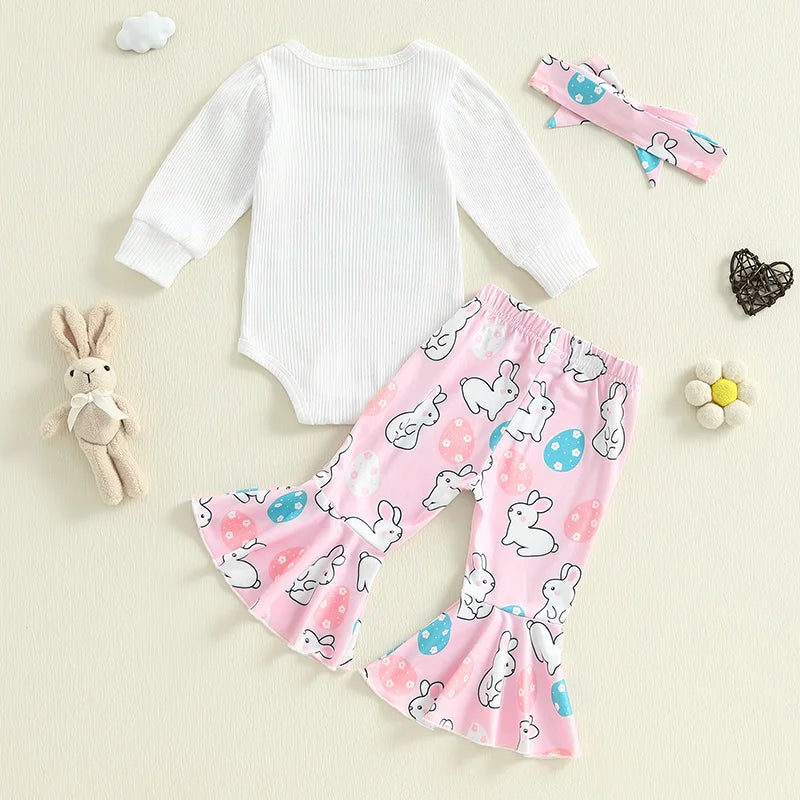 Adorable Baby Girl Easter Outfits with Cute Bunny Print Long Sleeve Romper Flare Pants and Matching Headband - 3 Piece Set