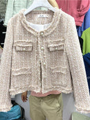 High Quality Korean Vintage Tweed Jacket Coat Women Autumn Single Breasted Plaid Tassel Slim Woolen Jackets Office Lady Outwear
