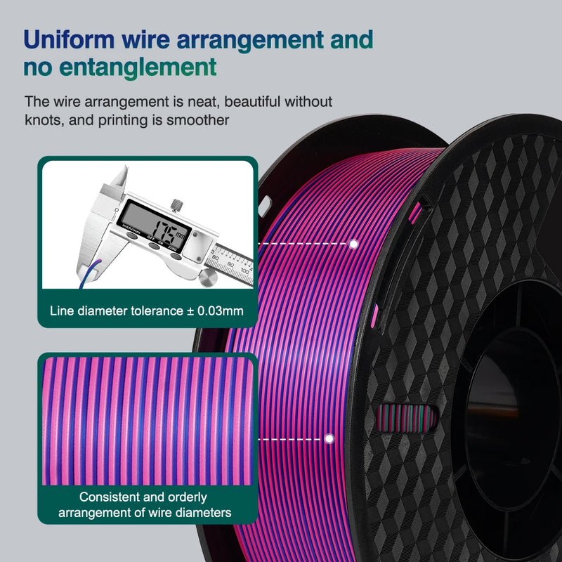 Tri-Color Dual-Color Silk Rainbow PLA Filament 1.75mm Accuracy+/-0.03mm 3D Printer Filament Compatible with Most FDM Printers